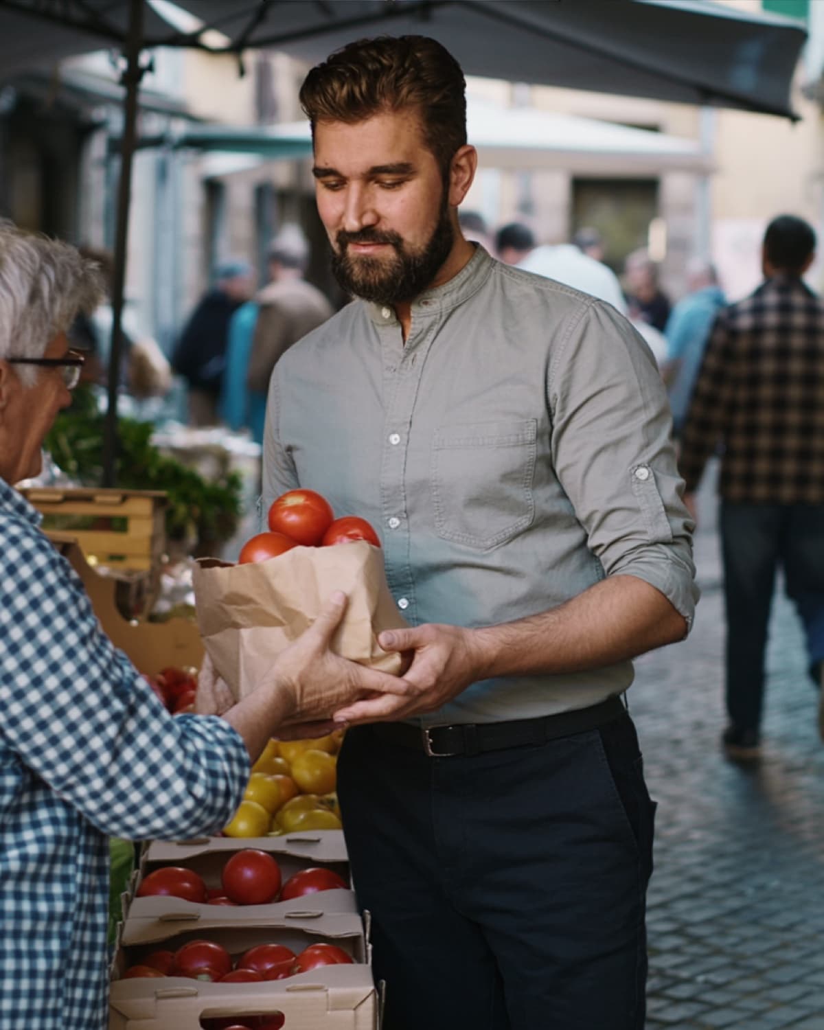 Your chef choosing tomatoes at the market